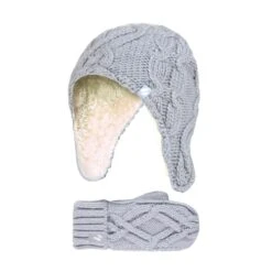 Girls Cable Knitted Design Bobble Trapper Hat And Mittens Set