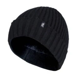 Mens Ribbed Knit Fleece Lined Warm Turn Over Cuff Thermal Beanie Hat