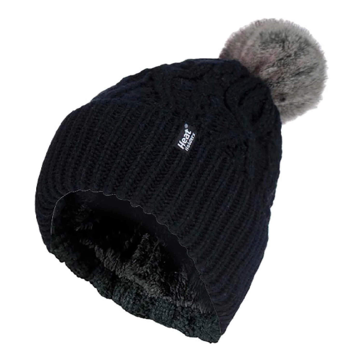 Ladies Ribbed Cuffed Pom Pom Bobble Beanie Hat With Fleece Lining 1 Ladies Ribbed Cuffed Pom Pom Bobble Beanie Hat With Fleece Lining