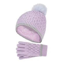 Girls Thermal Insulated Pom Pom Bobble Beanie Hat And Gloves